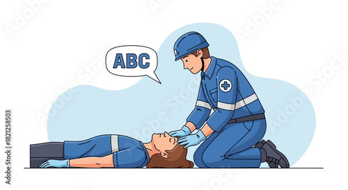 Paramedic performing cpr on patient, with abc airway management indicated in speech bubble, illustrating emergency medical care and life support procedures