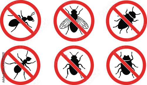 Insect control warning sign, pest prevention symbol, no bugs icon, fly repellent graphic, ant ban illustration, hygiene protection design