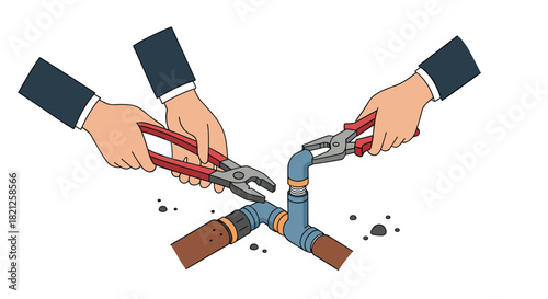 Hands fixing pipe with tools in flat design style