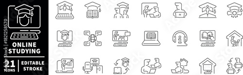 Online studying icons set. editable line icons for learning, education, digital tools