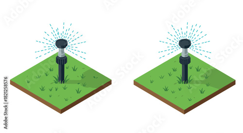 Isometric garden watering system with sprinklers on grass patches