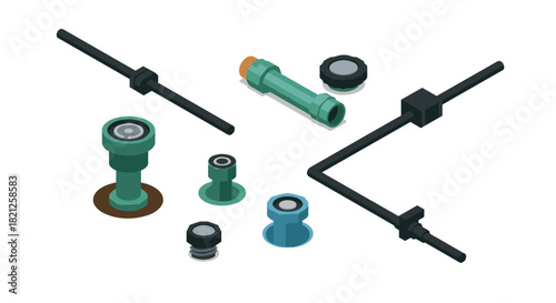 Isometric garden irrigation system components on white