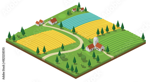 Isometric rural farm landscape with fields and barns