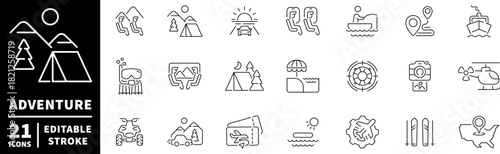 Adventure icons set. editable line icons, linear outline for outdoor, nature themes