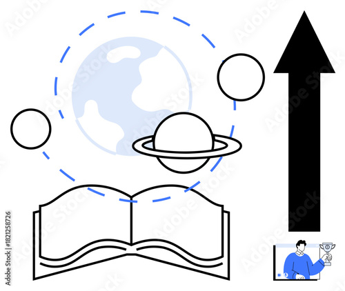 Open book with floating planets, Earth, and upward arrow symbolizing knowledge, education, space exploration, global learning, achievement, success and personal growth. Ideal for educational