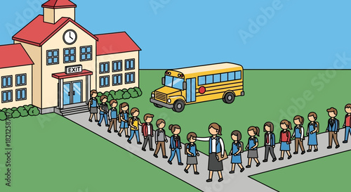 Teacher leads line schoolchildren from school building to yellow school bus, illustrating typical school day or educational outing