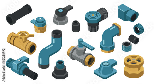 Isometric plumbing components collection with pipes, valves, and joints