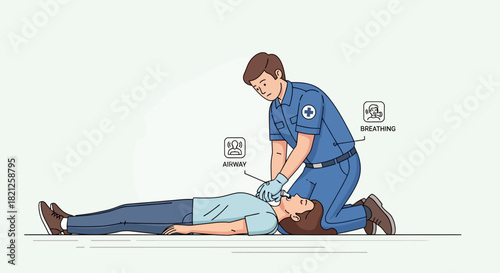 Paramedic performing cardiopulmonary resuscitation on patient lying on the ground, illustrating emergency medical assistance and lifesaving techniques