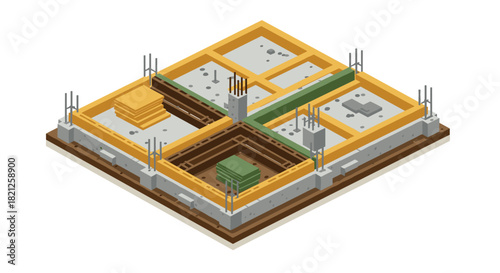 Isometric construction site foundation with reinforced concrete and steel fra…