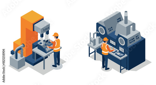 Isometric factory workers operating machines for manufacturing and automation