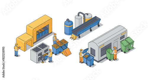 Isometric waste management process with recycling equipment and workers