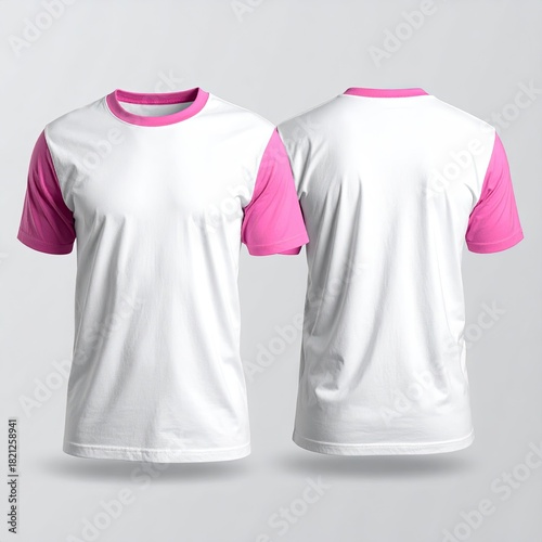 Front and back view of a plain white t-shirt with pink trim on the sleeves and neckline