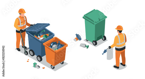 Sanitation workers managing waste containers in isometric style