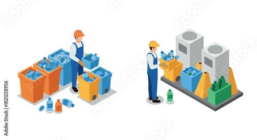 Isometric recycling process with workers and waste bins for environmental con…