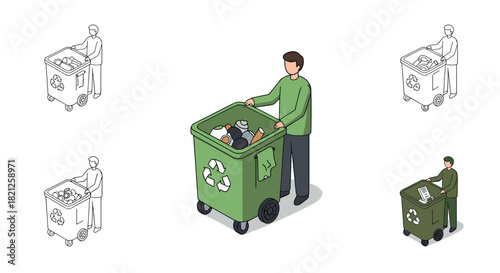 Isometric waste management: recycling and trash sorting concept