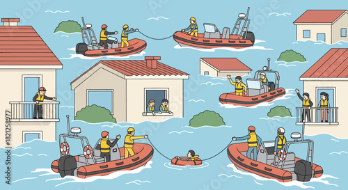 Flooded town with rescue boats helping people evacuate from submerged houses during natural disaster, depicting scene emergency and aid