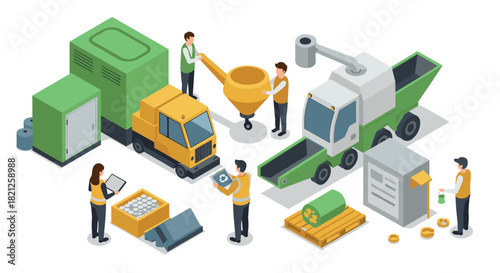 Isometric industrial recycling process with machinery and workers in action