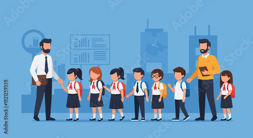 Two teachers are leading line schoolchildren in uniform, with backpacks, in front school building