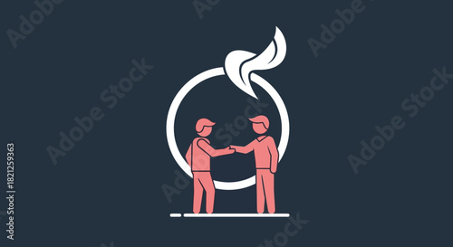 Two stylized figures shaking hands within circle with leaf motif, symbolizing agreement, partnership, or deal