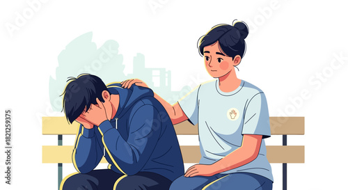 Woman comforts sad man sitting on bench, offering support and empathy during difficult time, illustrating mental health awareness and friendship
