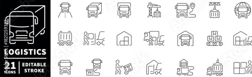 Logistics icons set. editable line icons, outline, warehouse and transport symbols