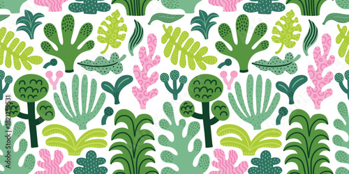 Seamless jungle tropical abstract pattern with palm tree, leaves. Summer texture. Vector illustration.
White background.