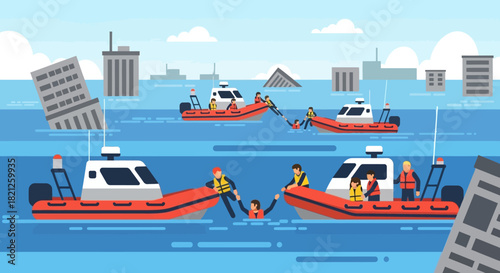 Flood rescue operation with people being pulled from the water into rescue boats by emergency personnel, depicting disaster response and saving lives during natural calamity