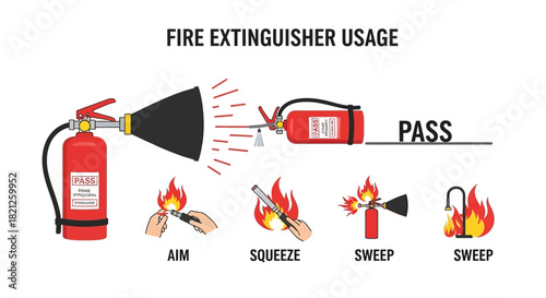 Fire extinguisher usage steps aim, squeeze, sweep, and pass method for fire safety and emergency preparedness