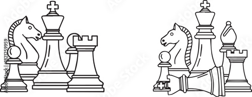 Chess Pieces Outline with Fallen King Keywords: chess, king, queen, rook, bishop, knight, pawn
