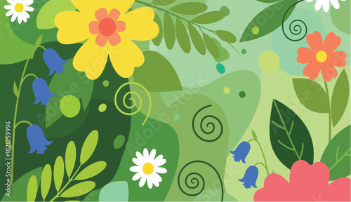 Set Summer vibes Vibrant Floral Abstract Wallpaper background flat design green peaceful color
