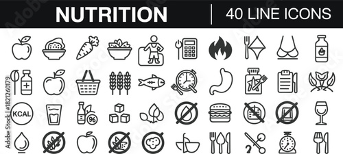 Nutrition Line Icons Collection With 40 Icons line art food