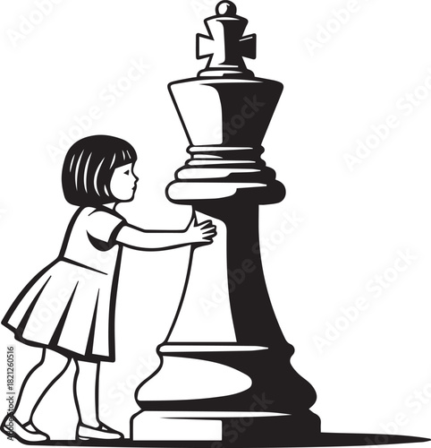 Girl pushing a giant chess king piece game strategy