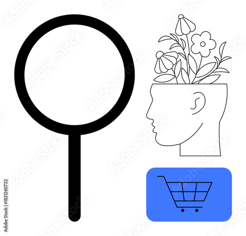 Magnifying glass highlights growth with floral elements in an open head. Shopping cart icon emphasizes research, innovation, self-awareness, education, marketing, sustainability, simple flat metaphor