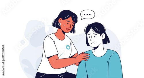 Caring person offering comfort and reassurance to sad individual, with speech bubble indicating communication and emotional support, promoting empathy and understanding