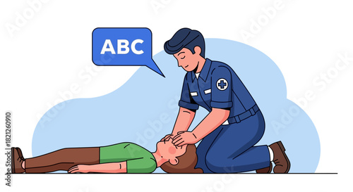 Paramedic performing cpr on an unconscious person lying on the ground, demonstrating chest compressions, with speech bubble showing abc indicating airway, breathing, circulation