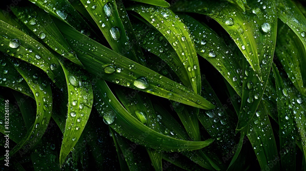 Fototapeta premium Ultra-realistic, top-down macro photograph of a lush, dense carpet of perfectly manicured dark green grass, with sparkling droplets of morning dew.