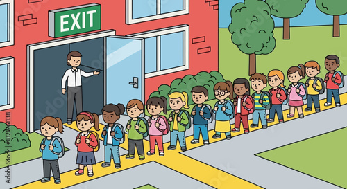 Teacher guides line diverse schoolchildren out school building through an exit door during drill or emergency evacuation, illustrating safety procedures and education