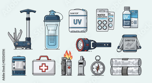 Collection outdoor survival and emergency gear, including multitool, water bottle with filter, uv protection, first aid kit, flashlight, compass, and fire starter, all neatly arranged for preparedness