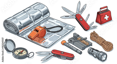 Collection survival and emergency preparedness gear, including compass, whistle, multitool knife, rope, flashlight, thermal blanket, and first aid kit