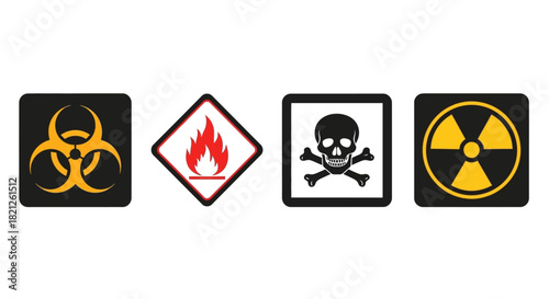 Set four hazard warning symbols biohazard, flammable, toxic skull and crossbones, and radioactive, representing different types dangers