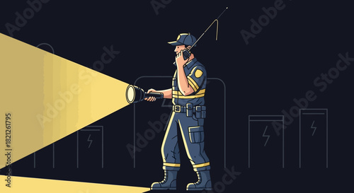 Security guard with flashlight searching in the dark, concept surveillance and night watch