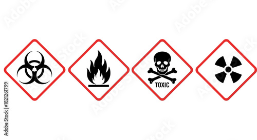Set hazard symbols including biohazard, flammable, toxic, and radioactive warning signs