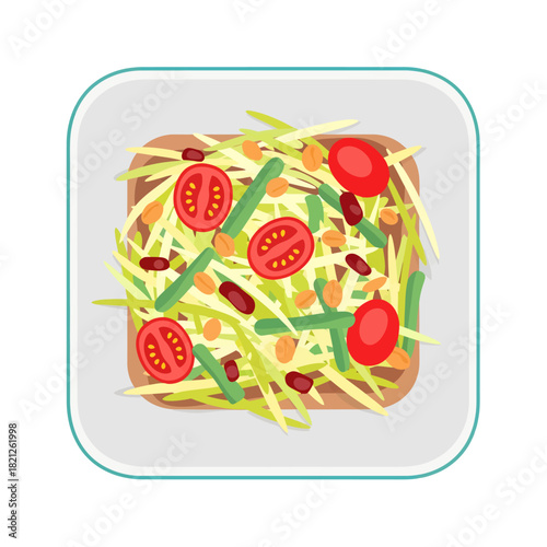A vibrant top-down vector illustration of Thai Som Tum salad featuring shredded green papaya, red cherry tomatoes, long beans, and roasted peanuts arranged on a square plate for a fresh, zesty meal