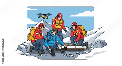 Team mountain rescuers in uniform with backpacks and equipment, attending to person on stretcher in snowy, rocky alpine environment, with helicopter flying overhead