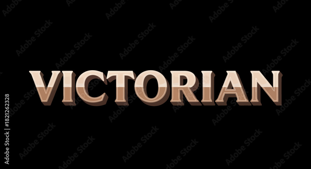 Fototapeta premium The word 'VICTORIAN' rendered in a shiny, brown, three-dimensional typeface with a dark shadow on a black background.