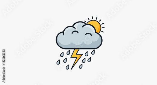 Storm cloud with lightning and rain, sun peeking through, weather icon, isolated on