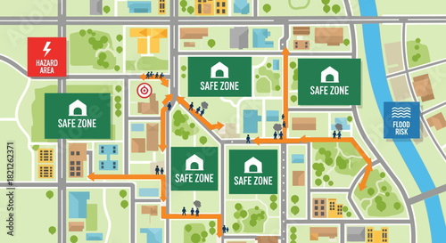 Map showing evacuation routes and safe zones with an emergency area and first aid station, illustrating disaster preparedness and community safety planning