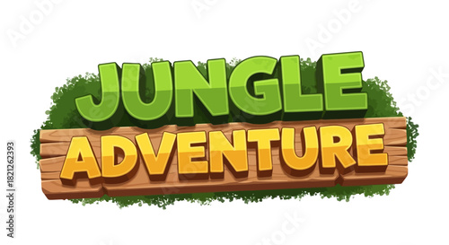 A vibrant 'Jungle Adventure' title graphic with green grassy text and orange letters on a wooden plank, isolated on a white background.