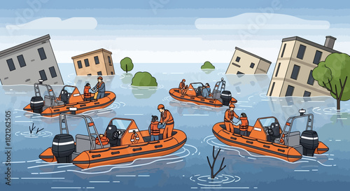 Flood rescue operation with orange boats navigating through submerged city buildings, people in boats, and debris floating in the water