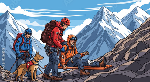 Mountain rescue team with dog assisting injured climber on steep rocky slope with snowcapped peaks in the
